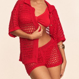 Red Mini Crochet Beach Shorts