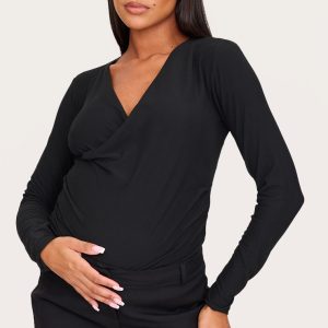 Maternity Black Soft Touch Ruched Long Sleeve Longline Top
