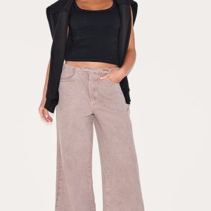 Mushroom Low Rise Tie Waistband Wide Leg Jeans