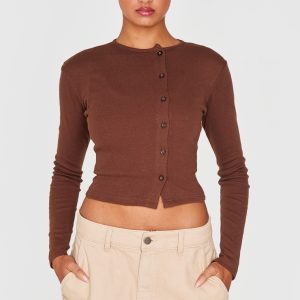 Chocolate Ribbed Aysmmetric Button Down Fitted Long Sleeve Top