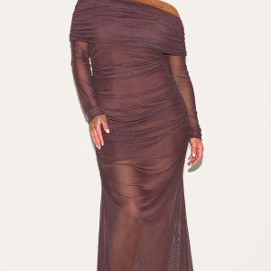 Plus Dark Chocolate Mesh Overlay Long Sleeve Bardot Maxi Dress