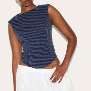 Navy Striped Cotton Tailored Sleeveless Top