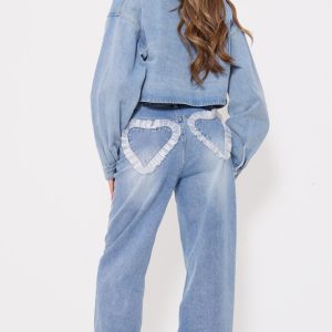 Light Blue Chiffon Heart Pocket Detail Wide Leg Jean