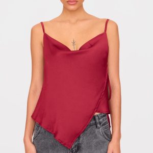 Burgundy Satin Split Hem Asymmetric Long Top
