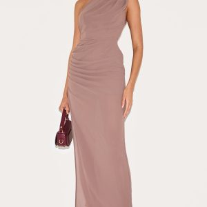 Mushroom Chiffon One Shoulder Ruched Maxi Dress