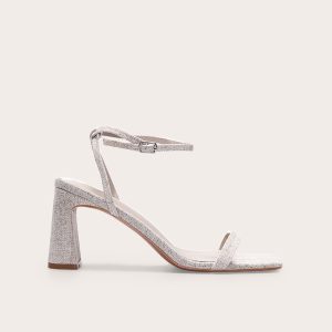 Natural Linen Square Toe Barely There Block High Heel Sandals