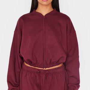 Burgundy Drawcord Waist Cropped Zip Up Sweatshirt