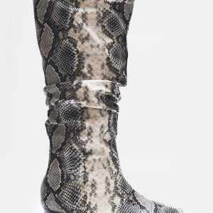 Snake Print PU Wide Fit Gathered Low Heel Knee High Boots