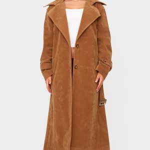 Petite Camel Faux Suede Belted Trench Coat