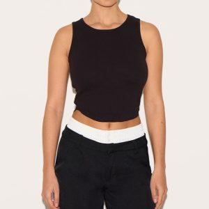 Black Ribbed Curve Hem Detail Vest Top