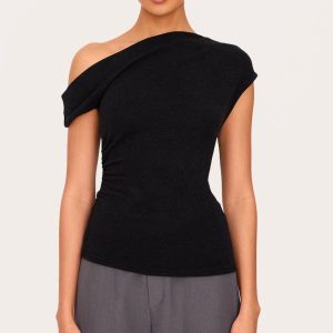 Black Textured Ruched Asymmetric Longline Top