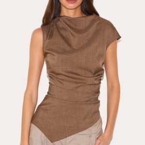 Chocolate Woven Ruched Asymmetric Long Top