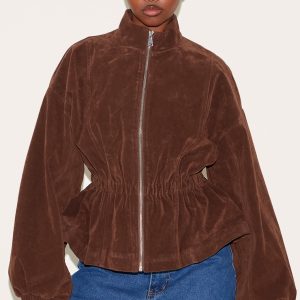 Brown Cinched Waist Faux Suede Jacket