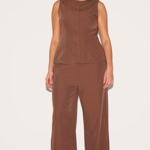 Plus Chocolate Brown High Neck Waistcoat Straight Leg Jumpsuit