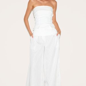 White Maxi Pinstripe Tailored Woven Straight Leg Trousers