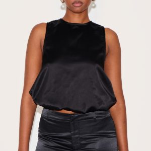 Black Satin Bubble Hem Top