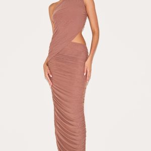 Mushroom One Shoulder Ruched Maxi Dress