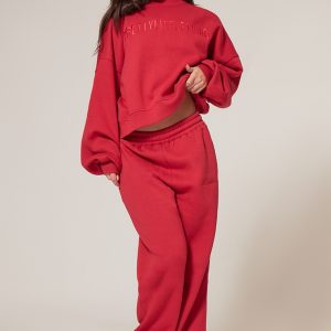 PRETTYLITTLETHING Red Oversized Embroidered Cuffed Joggers