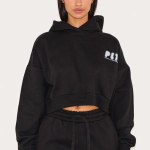 Petite Premium Black Printed Boxy Hoodie