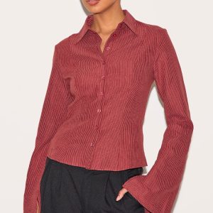 Burgundy Striped Peach Skin Fitted Shirt