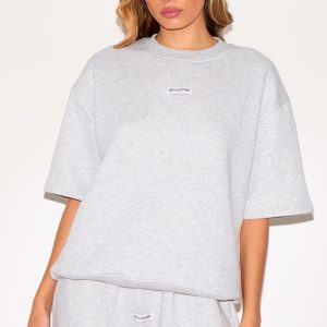 PRETTYLITTLETHING Ash Grey Badge Detail Oversized Short Sleeve Sweatshirt