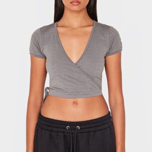 Charcoal Contour Pointelle Cross Over Detail Crop Top