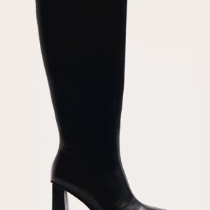 Black PU Square Toe Slight Platform Knee High Heeled Boots