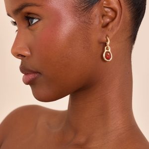 Gold Draped Resin Garnet Mini Hoop Earrings
