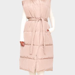 Taupe Quilted Longline Tie Waist Gilet