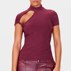 Burgundy Slinky High Neck Cut Out Detail Longline Top