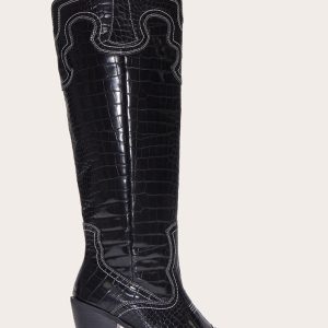 Black Croc Pu Point Toe Western Stitch Knee High Block Heeled Boots