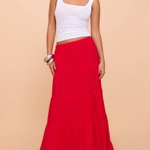 Tomato Red Cotton Tiered Drawstring Waist Maxi Skirt