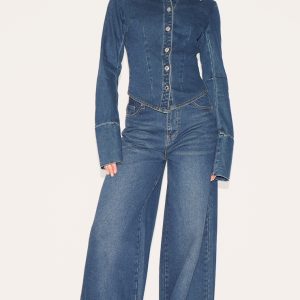 Tall Dark Indigo Mid Rise Turn Up Wide Leg Jeans