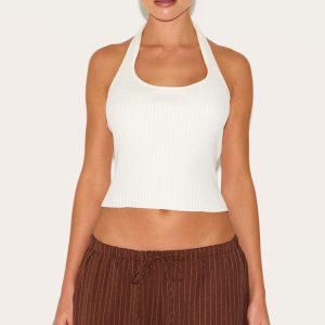 Cream Rib Knit  Halterneck Top
