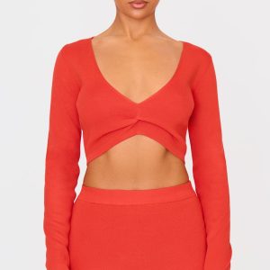 Red Soft Rib Knit Twist Front Long Sleeve Top
