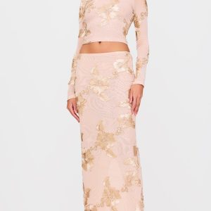 Champagne  Floral Jacquard Maxi Skirt