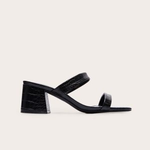 Black Croc Pu Wide Fit Square Toe Block Heeled Mules