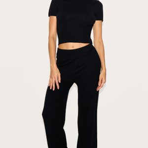 Black Basic Knit Wide Leg Trousers