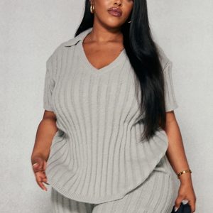 Plus Grey Brushed Short Sleeve V Neck Knit Top