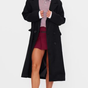 Black Double Breasted Wool Look Overcoat