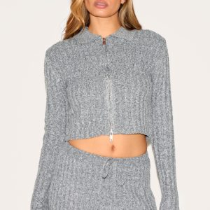 Charcoal Marl Knitted Dipped Hem Cropped Zip Up Top