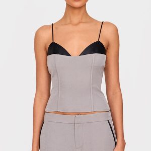Grey Woven Tailored Satin Bust Contrast Cami Top
