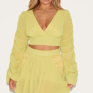 Shape Lime Chiffon Balloon Sleeve Plunge Front Cinched Waist Blouse