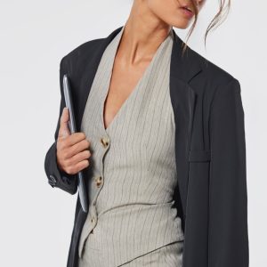 Taupe Tailored Woven Herringbone Halterneck Top