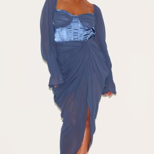 Plus Mineral Blue Satin Insert Draped Chiffon Midi Dress