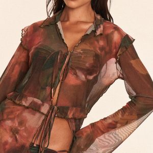 Multi Water Colour Print Mesh Frilly Tie Front Beach Top
