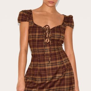 Petite Brown Checked Front Tie Mini Dress