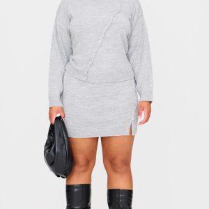 Plus Light Grey Asymmetric Fluffy Yarn Mini Skirt