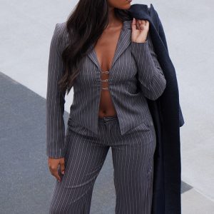 Dark Grey Open Front Pinstripe Fitted Shirt