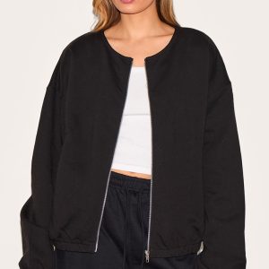 Black Premium Oversized Boxy Collarless Zip Sweat Top